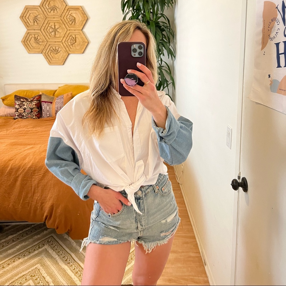 12th Tribe white and denim button up